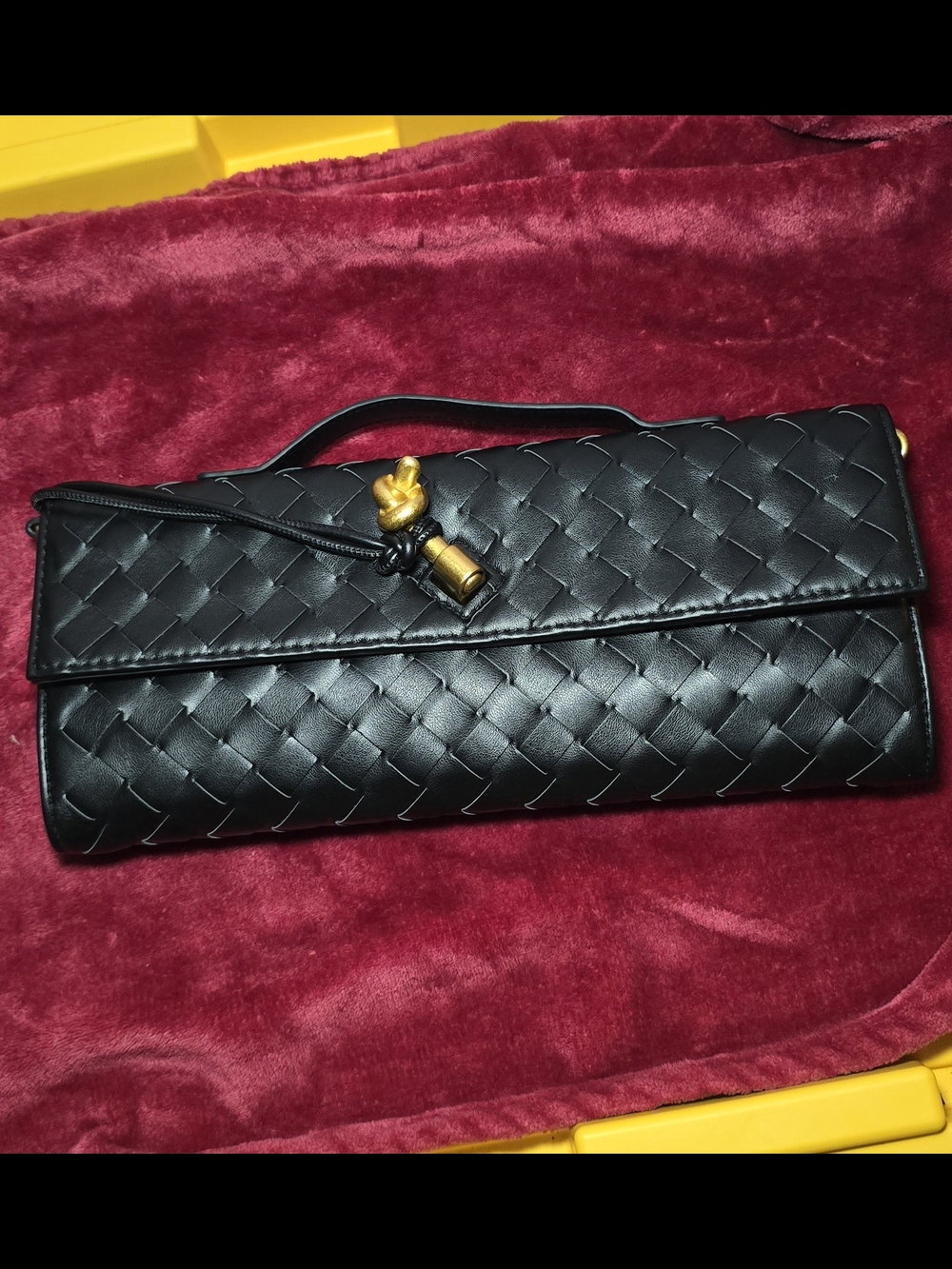 Black Woven Leather Clutch with Gold Accent